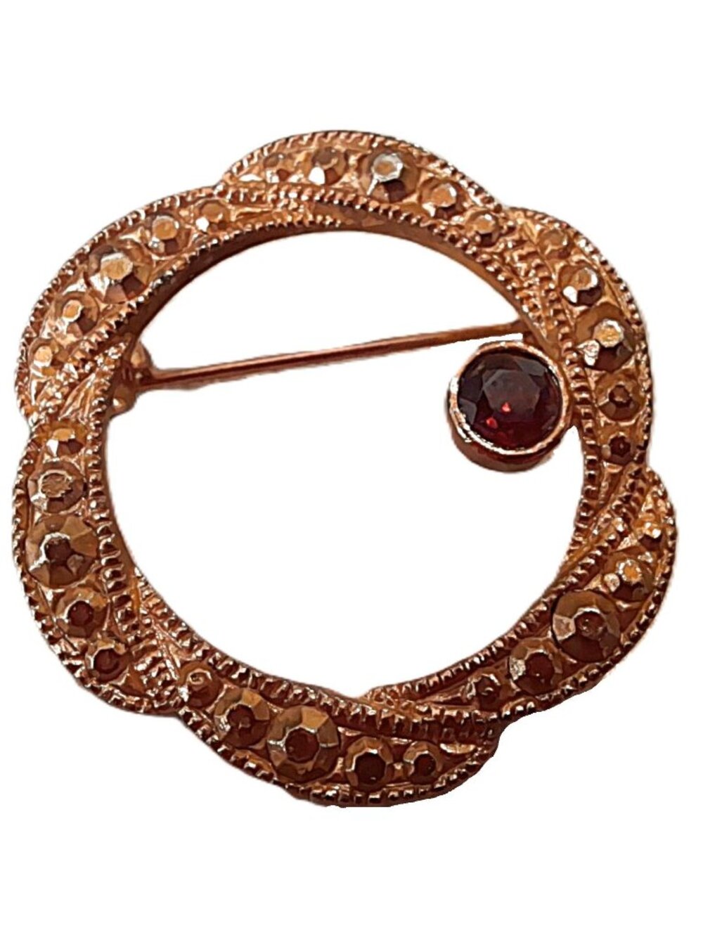 Vintage Wreath Brooch with Garnet Colored Stone Cut Steel Circle